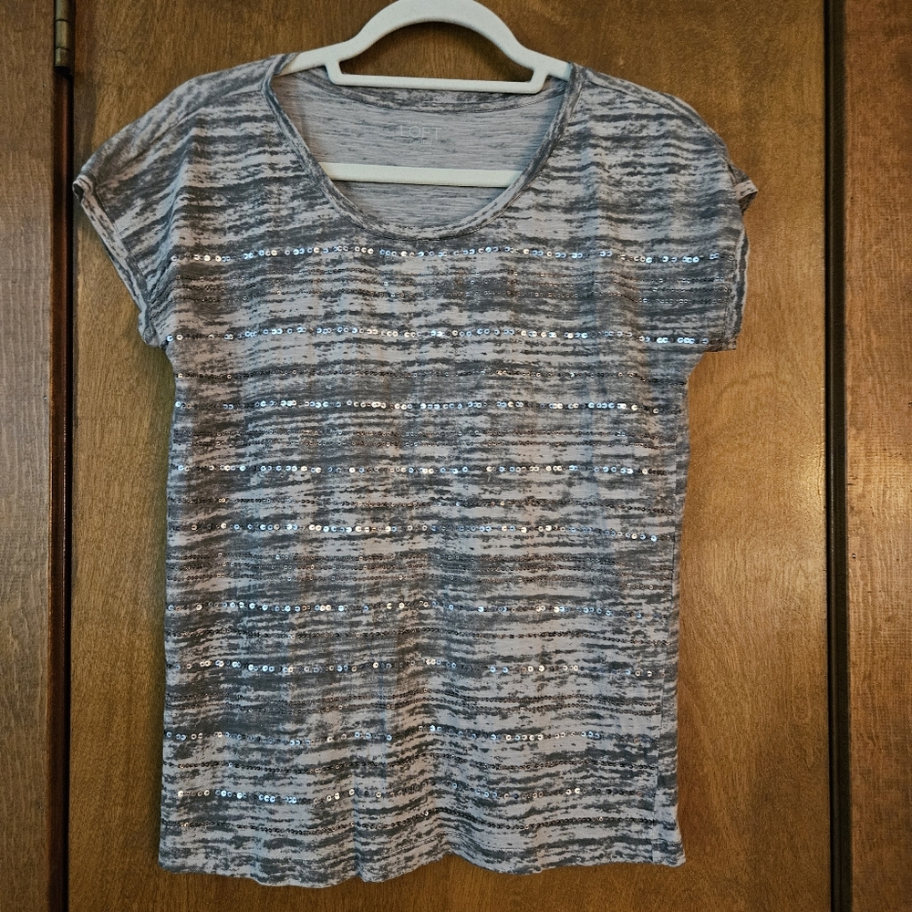LOFT Petite Gray Sequin Striped Women's Top